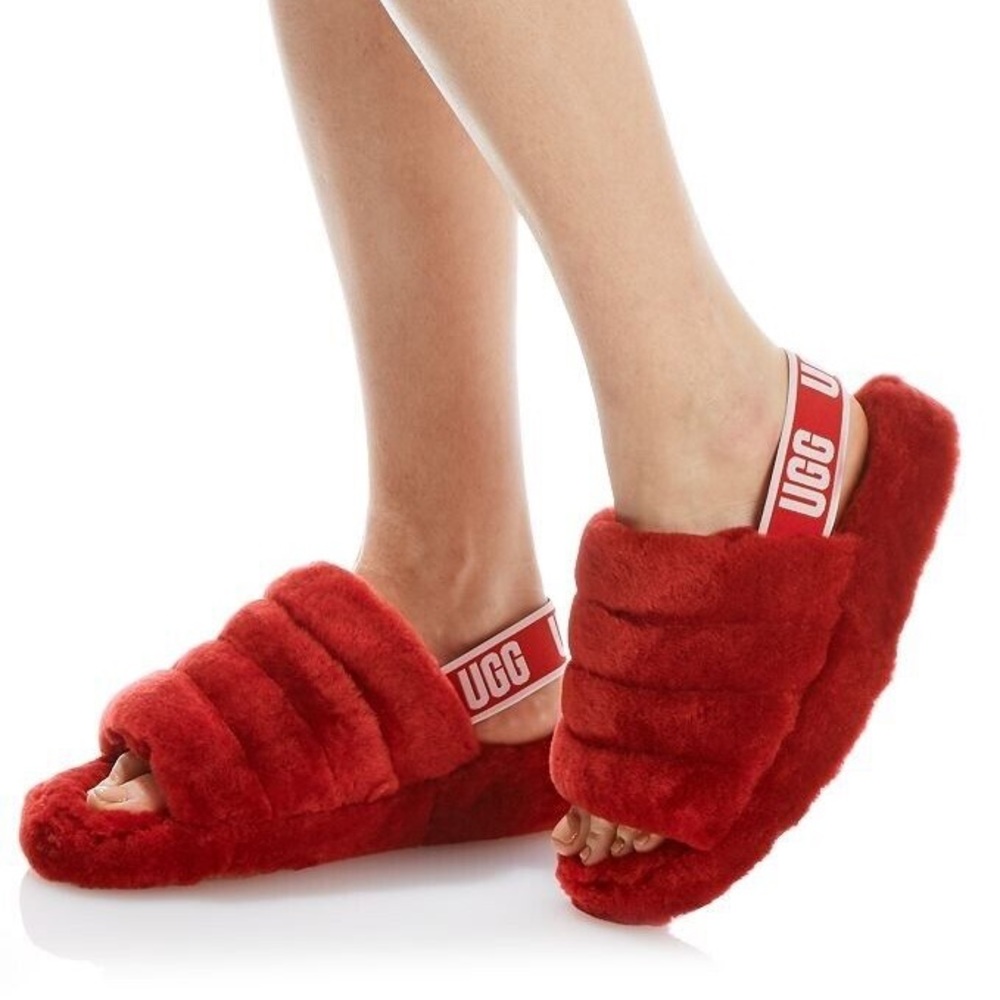UGG Australia Fluff Yeah Slide Red White New Womans‎ With Box